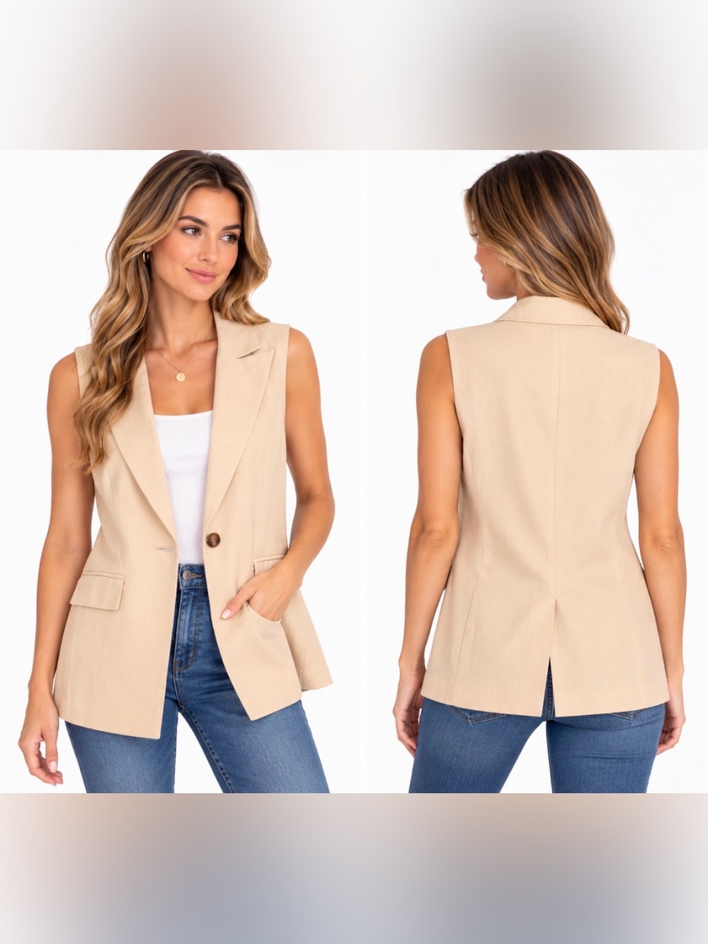 Elan Cream Longline Sleeveless Blazer Vest One Button Size S